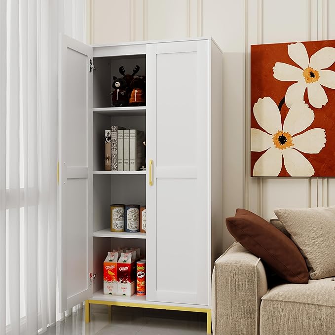 Tall Storage Cabinet, Kitchen Pantry Cabinet with 2 Doors & Adjustable Shelves for Laundry Room, Living Room, Entryway,Bathroom,White-Ruum Studio Home
