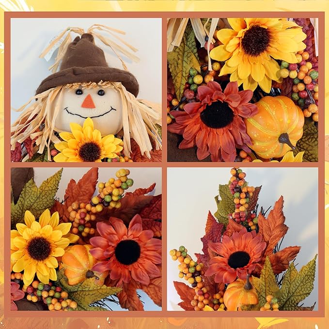 24" Rustic Fall Scarecrow Teardrop Swag – Farmhouse Sunflower & Pumpkin Wreath – Autumn Harvest Hanging Decor for Front Door, Wall, Porch, Indoor/Outdoor-Ruum Studio Home
