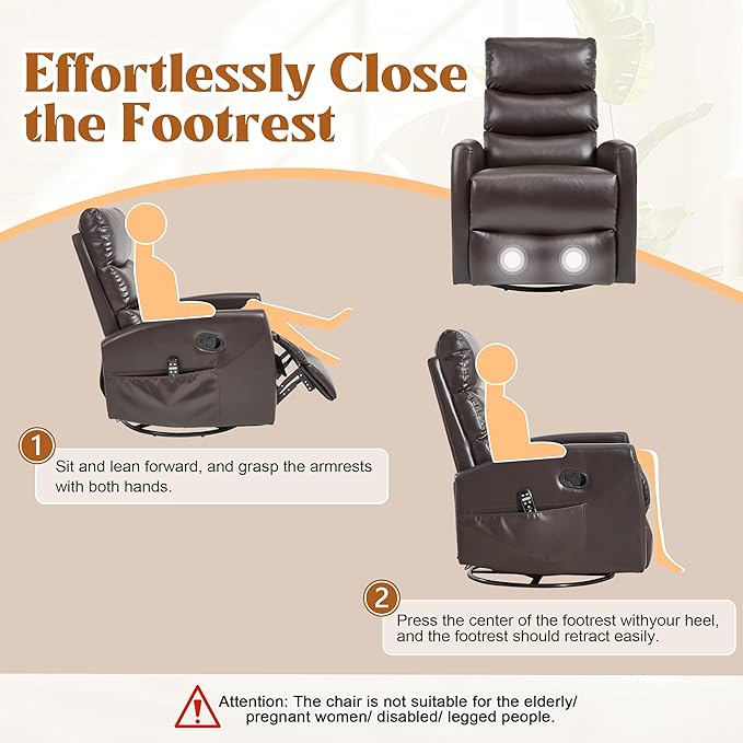Manual Swivel Rocker Recliner Chair for Adults, Overstuffed Reclining Glider Chair for Nursing with Vibration Massage & Heat, Living Room Rocking Recliner 3-Stage backrest, Faux Leather Brown-Ruum Studio Home