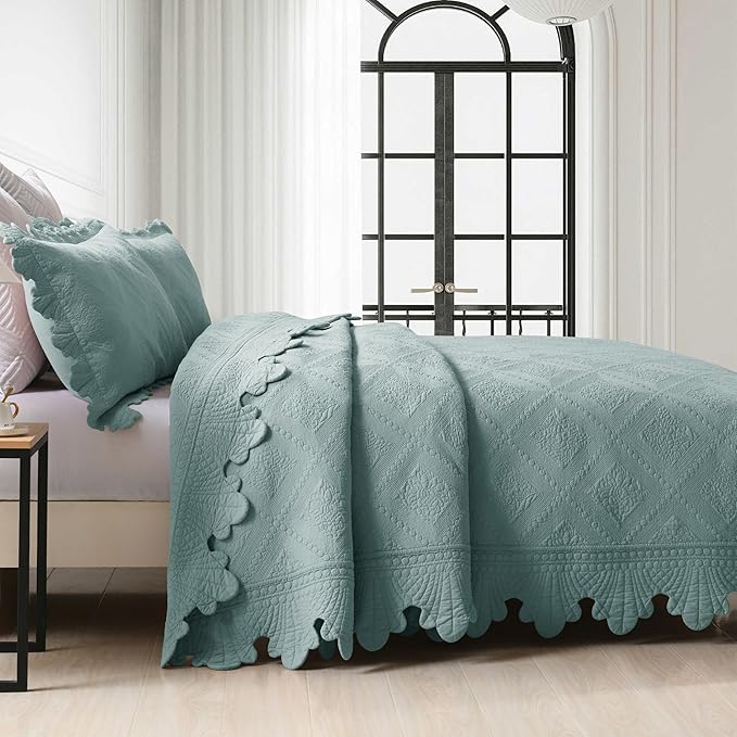 MarCielo 3-Piece 100% Cotton Oversized Bedspread Lightweight Quilt Coverlet Embroidery Farmhouse Bedding Set (Tk Aqua Green, Oversized King (118"x106"))-Ruum Studio Home