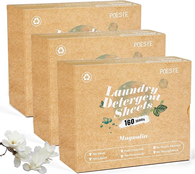 Poesie Laundry Detergent Sheets Magnolia Scent 3 Pack 480 Strips Liquid Less Effective Cleaning Zero Waste for All Washing Machine Traveling Dorm Life Save Space-Ruum Studio Home