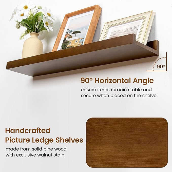 Picture Ledge Shelf, Floating Shelves Set of 2, Solid Pine Wood 72'' Long Large Nursery Book Shelves for Toys Storage, Kids Bookshelf for Living Room Bedroom Decor Books Photo Frames, Walnut-Ruum Studio Home