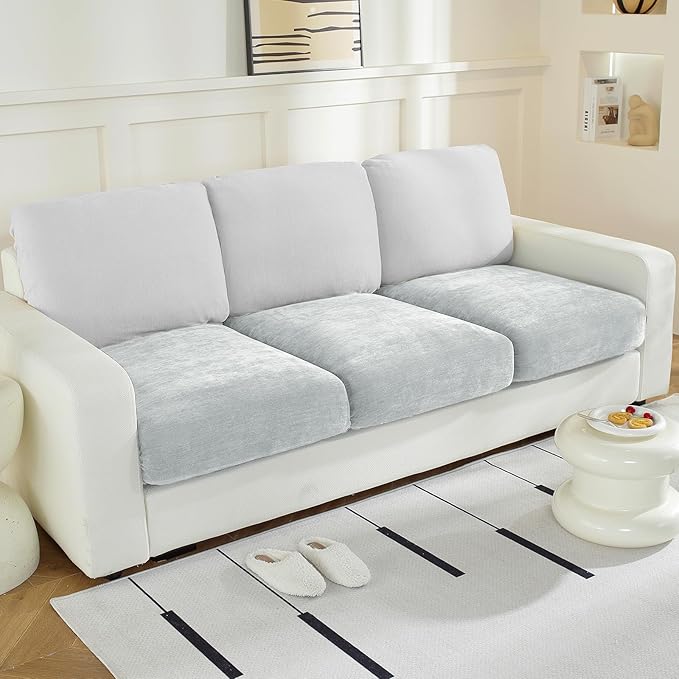 Couch Cushion Covers Individual Large Super Stretch Chenille (Softer Version) Sofa Cushion Covers, Couch Seat Covers Couch Slipcovers Furniture Protector (3 Piece, Light Grey)-Ruum Studio Home