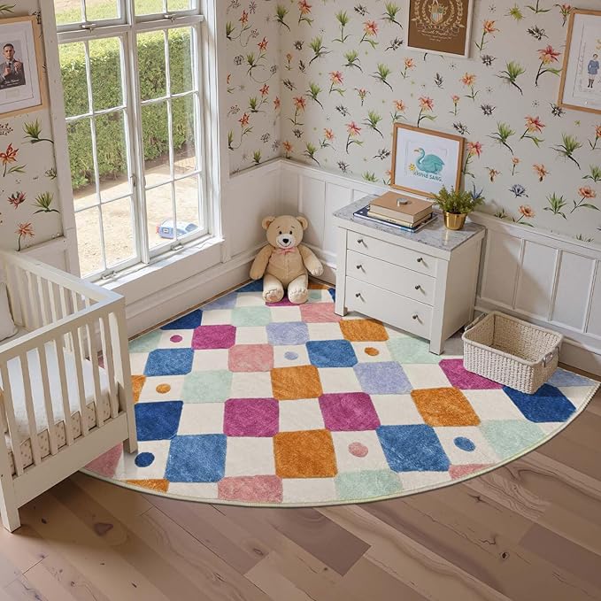 jinchan Kids Rug for Nursery 6ft Radius Corner Washable Area Rug Modern Colorful Quarter Circle Rug Soft Non-Slip Carpet for Bedroom Playroom Daycare Reading Nook Kitchen Classroom Berries on Cream-Ruum Studio Home
