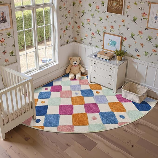 jinchan Kids Rug for Nursery 6ft Radius Corner Washable Area Rug Modern Colorful Quarter Circle Rug Soft Non-Slip Carpet for Bedroom Playroom Daycare Reading Nook Kitchen Classroom Berries on Cream-Ruum Studio Home
