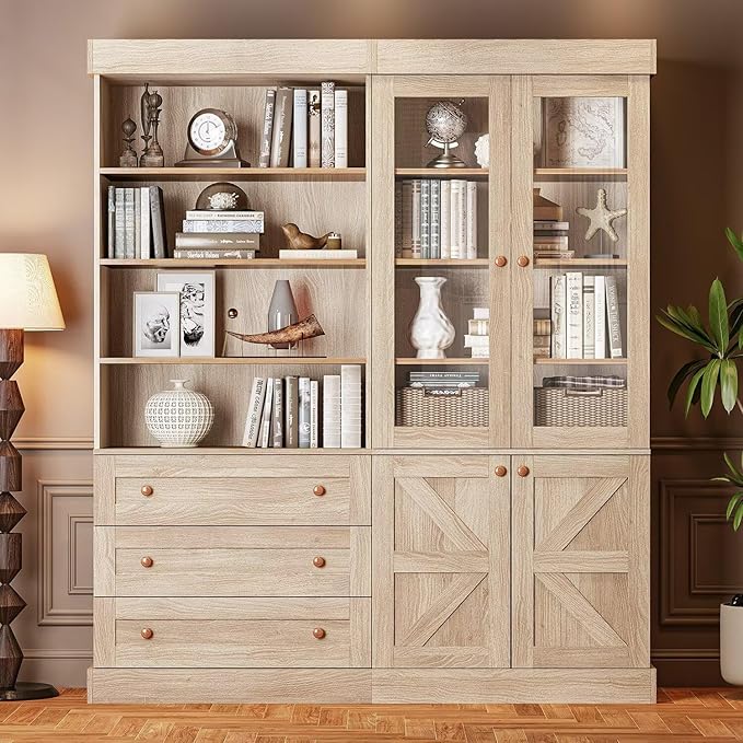 Vyre 71" Tall Farmhouse Bookshelves with Glass Doors and Drawers, Set of 2 – Large Modular Bookcase with Adjustable Shelves, Storage Cabinet for Living Room, Kitchen, Brown-Ruum Studio Home