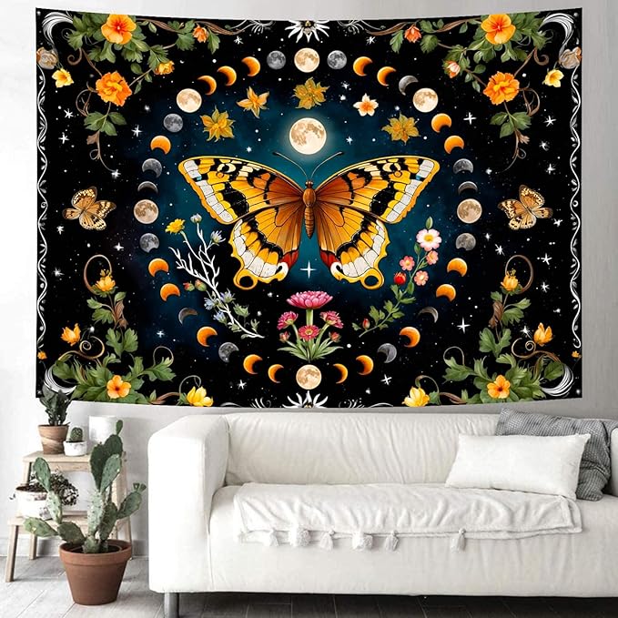 Delur Butterfly Moon Flower Tapestry Botanical Floral Plant Boho Tapestry Wall Hanging Mandala Aesthetic Mushroom Retro Vintage Headboard for Bedroom Living Room Home Decor (70.8" x 92.5")-Ruum Studio Home