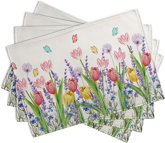 Tulip Placemats Set of 4 Spring Summer Flowers Tulips Lavender Place Mats Watercolor Floral Dandelion Butterfly Non-Slip Heat Resistant Washable Linen Table Mats for Dining Table Kitchen Decor-Ruum Studio Home