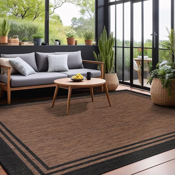 Bordered Outdoor Rug 6x9 Washable Outside Carpet for Indoor Patio Porch Waterproof Easy Cleaning Non Shedding Area Rugs Nut Brown 6 x 9-Ruum Studio Home