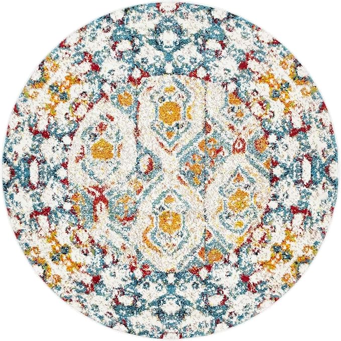Unique Loom Rosso Collection Vintage, Geometric, Bohemian, Traditional, Distressed, Southwestern Area Rug, Round 4' 0" x 4' 0", Multi/Ivory-Ruum Studio Home
