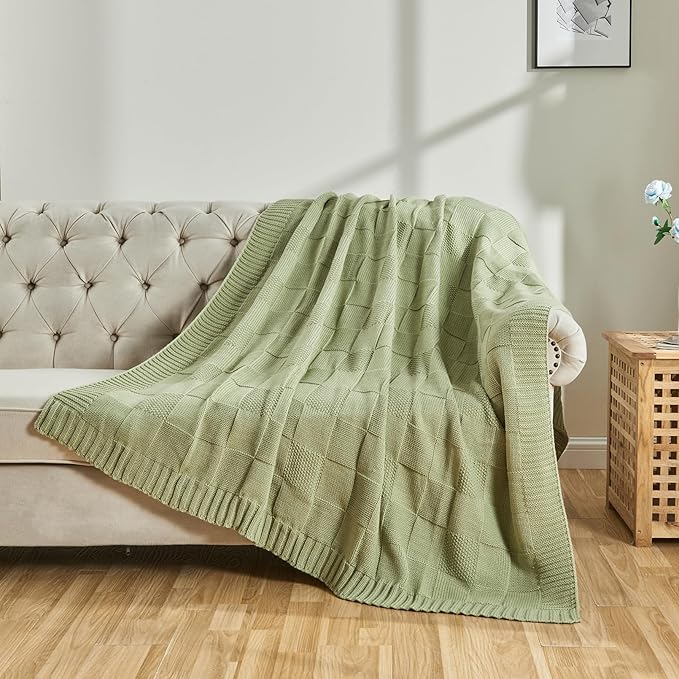 CozeCube Check Knit Throw Blanket, Sage Green Checkered Throw for Couch, Decorative Christmas Soft Cozy Warm Knitted Blanket for Bed Sofa Living Room, 50"X60"-Ruum Studio Home