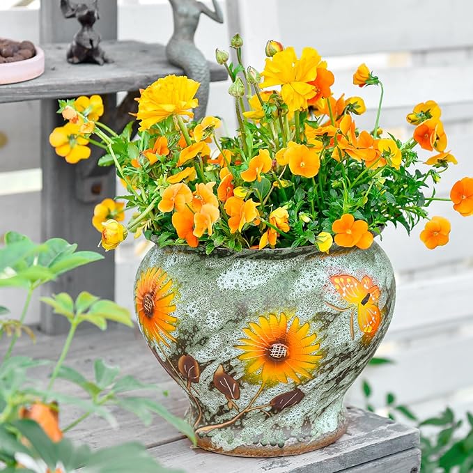 Sungmor Ceramic Hand Painted Succulent Flower Pots, 9 Inch Large Pottery Pots for Indoor Outdoor Plants, Decorative Ceramic Vase for Flower Arrangement Home Decor, Vintage Centerpieces Flowerpot-Ruum Studio Home