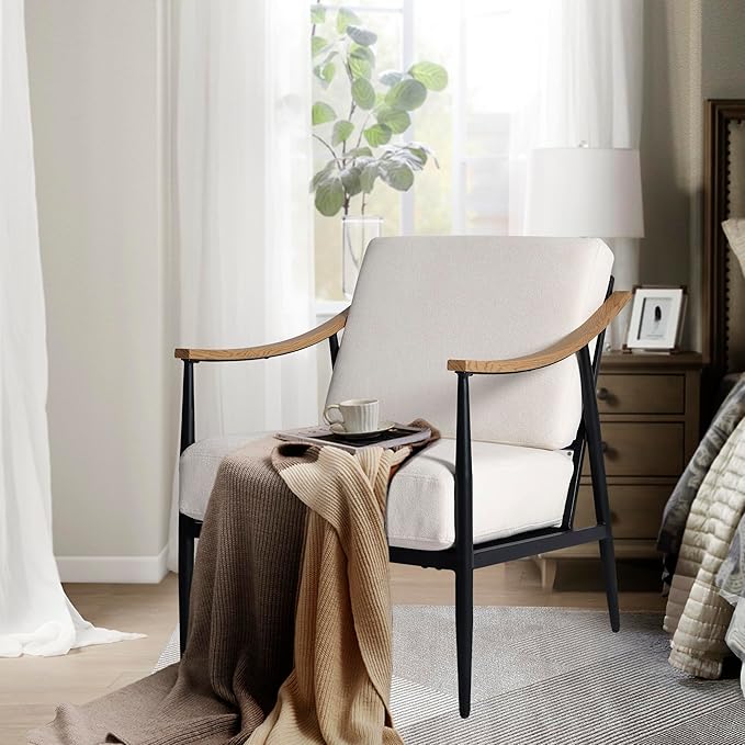 Modern Accent Chair for Living Room Bedroom Mid Century Arm Chair Upholstered Office Accent Chair Comfy Waiting Room Chair with Metal Frame, Cream White-Ruum Studio Home