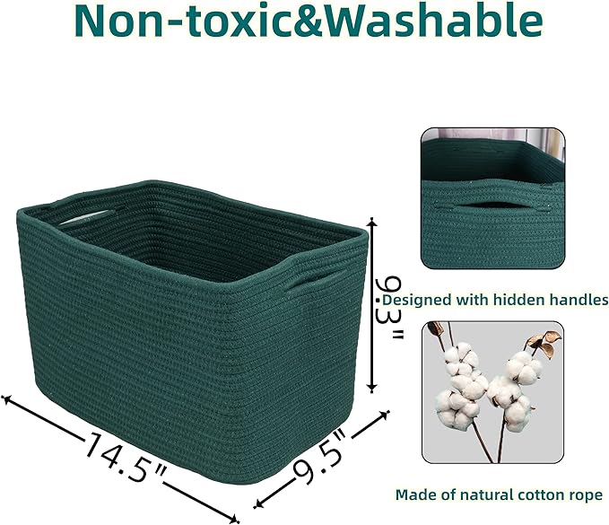 Cotton Rope storage Basket Bins14.5X9.5X9.3“ Basket for Organizing Shelves Rectangle Decorative Baskets For storage Clothes Toys Books Towels Square Wicker Nursery basket organizer 3 pack Dark green-Ruum Studio Home