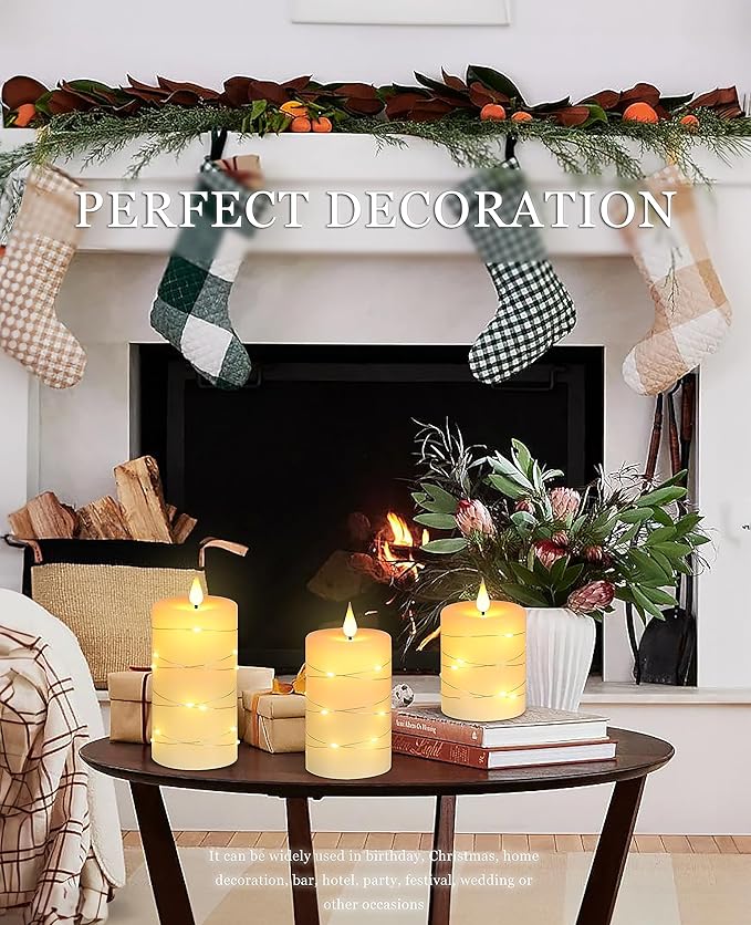 Flameless Candles With Remote, Battery Operated Candles LED Candles with string lights Flickering Candles with Timer, 4‘’ 5‘’ 6‘’ Candle For Seasonal and Festival Celebration’s Candles set of 3-Ruum Studio Home