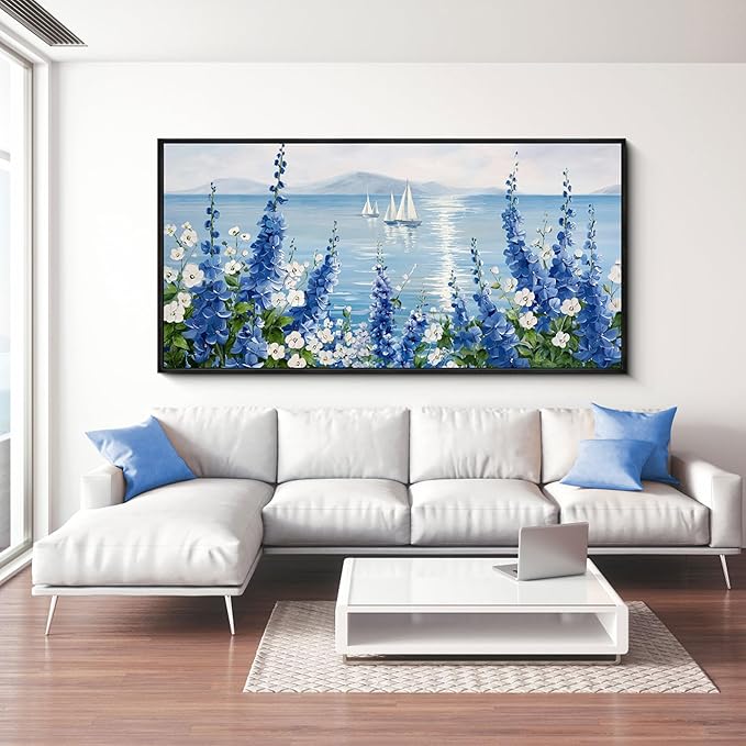 XLSJERST Large Sailboat Wall Art - Blue Canvas Abstract Painting Textured Picture Artwork Vintage Nautical Flower Painting Coastal Modern Print 29"x58" Frame for Living Room Bedroom Home Decoration-Ruum Studio Home