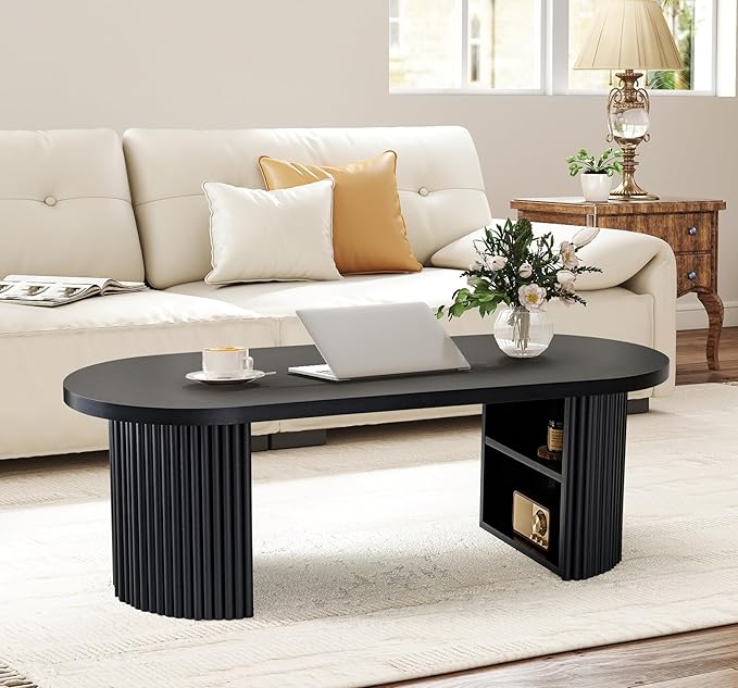 Oval Fluted Coffee Table, 47" Farmhouse Wood Coffee Table Mid Century Modern Center Table Boho Living Room Tables for Living Room Office,Black-Ruum Studio Home
