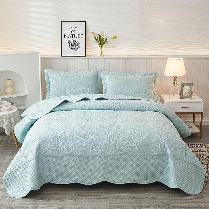MarCielo 3-Piece 100% Cotton Oversized Bedspread Lightweight Quilt Coverlet Embroidery Farmhouse Bedding Set T0 (Aruba Blue, Oversized King (118"x106"))-Ruum Studio Home