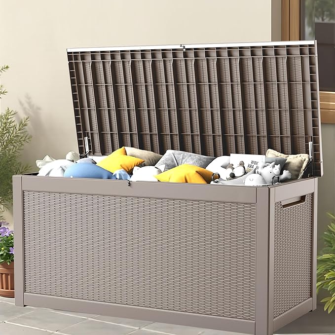 260 Gallon Storage Box, Waterproof Resin Deck Box with Steel Support & Hydraulic Rod, Lockable Storage Bench for Indoor & Outdoor Use, Storage Bin for Patio Cushions, Garden Tools, Grey-Ruum Studio Home