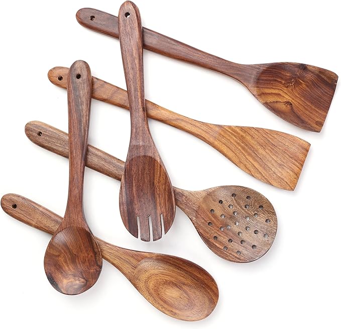 Wooden Spoons for Cooking Utensils Set with Holder, Spoon Rest & Hooks, Teak Wood Nonstick Kitchen Cookware-Ruum Studio Home