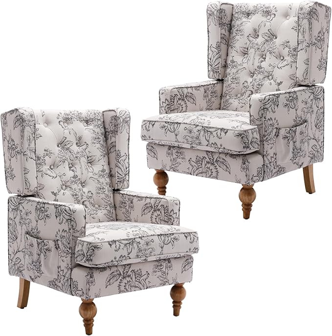 DUOMAY Tufted Accent Chair Set of 2, Modern Linen Upholstered Wingback Side Arm Chair for Living Room Bedroom with Wood Legs, Comfy Reading Guest Chair for Office, Beige Flower Pattern-Ruum Studio Home