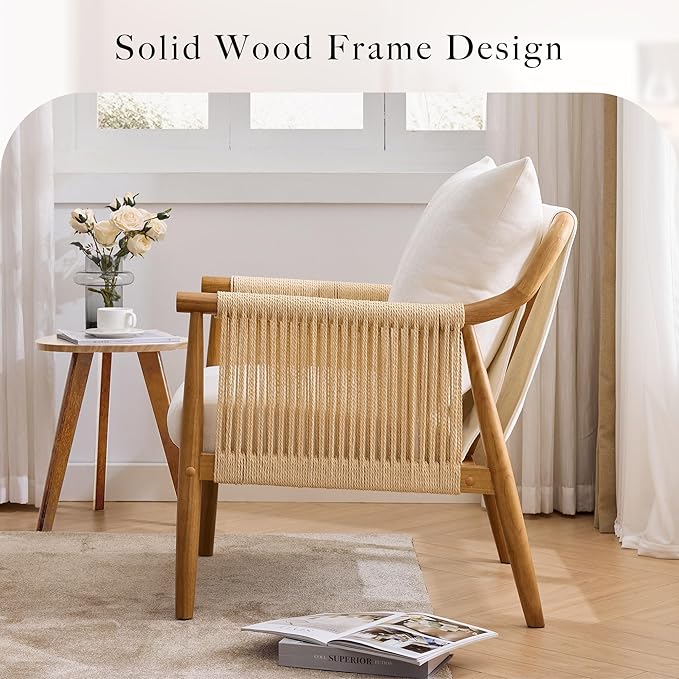 Braid Accent Chair for Living Room Bedroom Reading Room, Rattan Modern Boho Armchair with Solid Wooden Armrest & Frame and Cushions-Ruum Studio Home