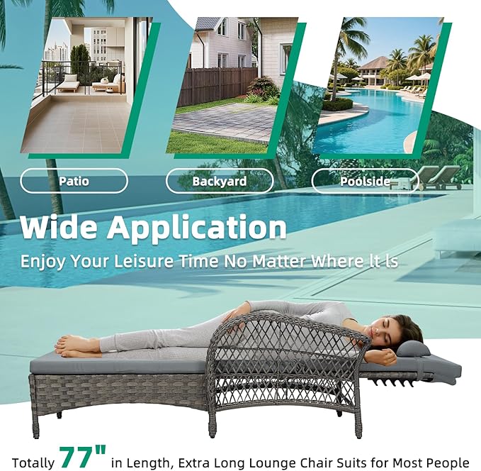 VIVIJASON Outdoor Wicker Chaise Lounge Chair, All-Weather PE Rattan Cushioned Patio Lounger Set with Side Table, 6-Position Adjustable Outside Pool Sunbathing Recliner with Armrest & Pillow, Gray-Ruum Studio Home