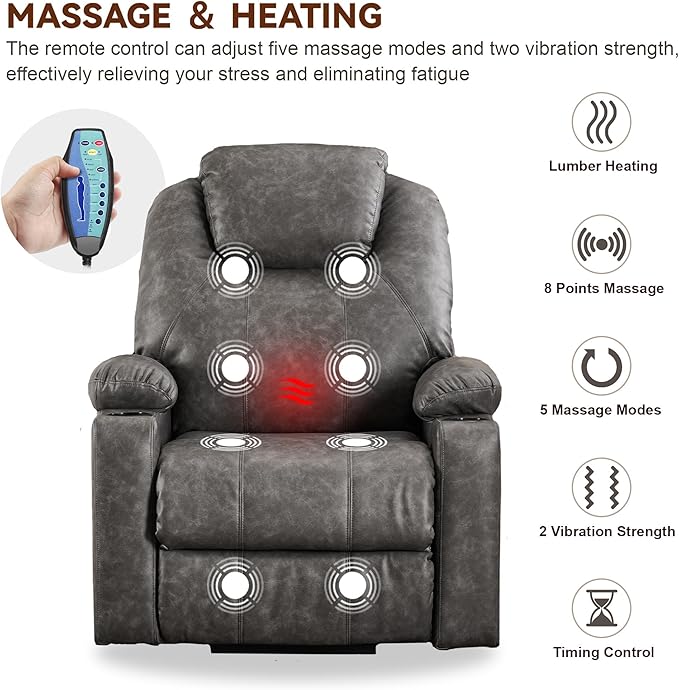 SALOHZA Power Lift Recliner Chair for Elderly with Massage and Heat for Living Room, Electric Recliner Chair for Adults with USB/Type C Port/Cup Holders, PU Faux Leather, Grey-Ruum Studio Home