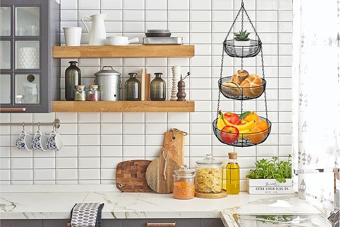 CAXXA 3-Tier Hanging Basket Fruit Organizer Kitchen Heavy Duty Wire Organizer with 2 Free Bonus Metal Ceiling Hooks, Black-Ruum Studio Home