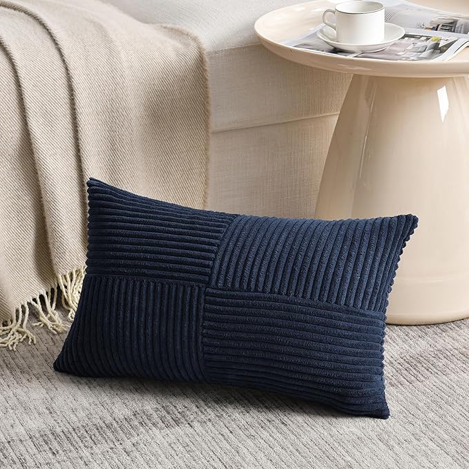 Fancy Homi 2 Packs Navy Blue Lumbar Decorative Throw Pillow Covers 14x24 Inch for Couch, Rustic Farmhouse Boho Home Decor, Soft Striped Corduroy Rectangle Accent Cushion Case 35x60 cm-Ruum Studio Home