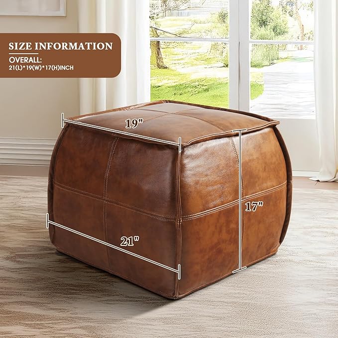 Leather Ottoman,Handmade Stuffed Square Ottoman,Genuine Leather Pouf, Foot Rest Pouf,Comfortable Soft Seating for Living Room & Bedroom (Brown, Square)-Ruum Studio Home