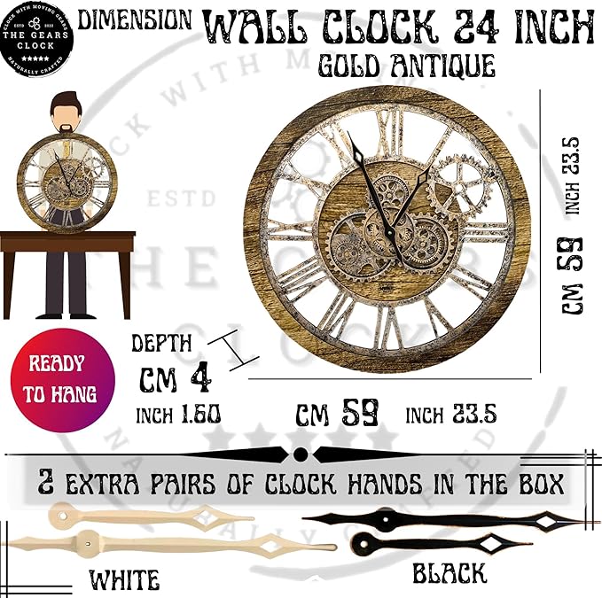 The Gears Clock The Original Real Moving Gear Wall Clock Vintage Industrial Oversized Rustic Farmhouse (24 inch (60cm),Gold Antique)-Ruum Studio Home