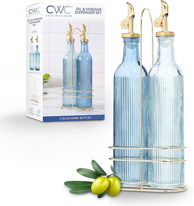 COOK WITH COLOR Glass Olive Oil Bottle Dispenser - 2 Pack- 17oz Oil and Vinegar Cruet - Olive Oil Carafe Decanter for Kitchen-Ruum Studio Home