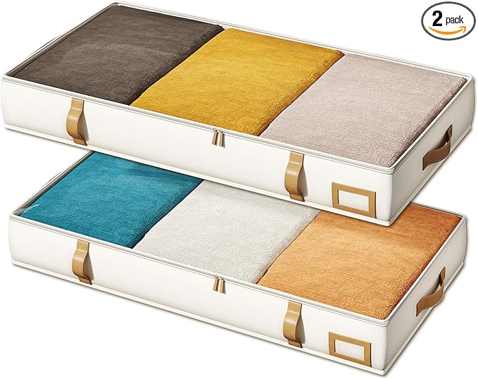 Vailando Under Bed Storage Containers, Foldable Storage Bins for Blankets, Comforter, and Seasonal Clothing, 6 Inches Tall, Beige with Brown Leather Handles, 2-Pack-Ruum Studio Home