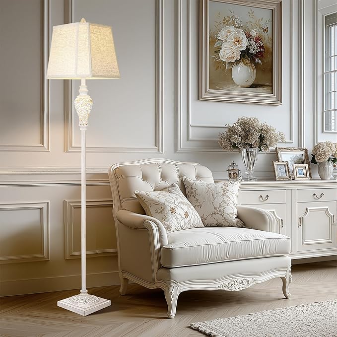 Floor Lamp for Living Room, Vintage Standing Lamp with Nightlight, 65" Tall Lamp with White Linen Shade, Farmhouse Rustic Floor Lamp for Bedroom, Office, Corner (LED Bulb Included)-Ruum Studio Home