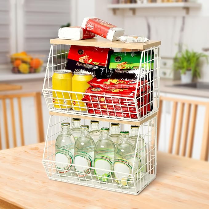 Fruit Basket, 2-Tier Fruit Bowl for Kitchen Counter, Stackable Wall Mounted Fruit Storage, Snack Organizer, Potato and Onion Storage Basket, Hanging Pantry Storage with Wood Lid, 2 Set, White-Ruum Studio Home