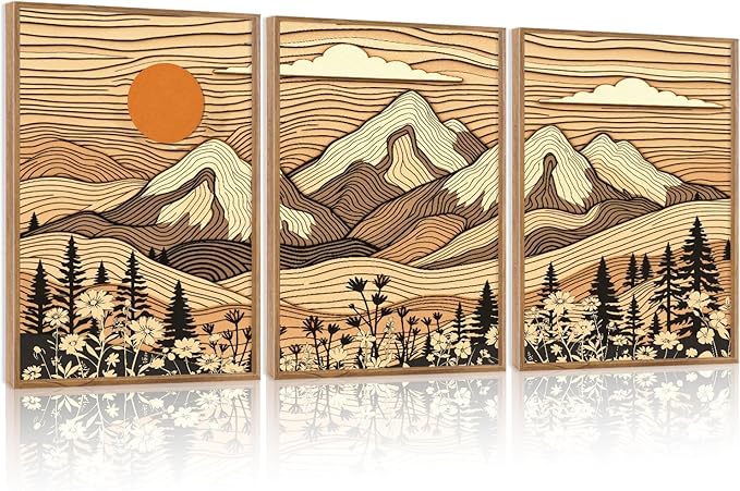 HPNIUB Mountain Framed Canvas Wall Art, Vintage Pine Tree Wall Decor, Country Wilderness Forest Wildflower Painting, Modern Nature Sun Art Prints for Living Room,Bedroom,Farmhouse- 16"x24"x3-Ruum Studio Home