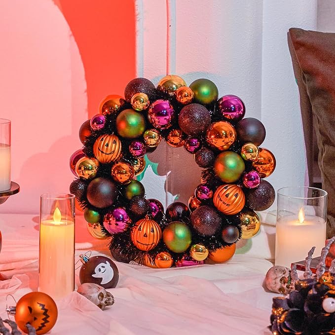 JORNOY 13inch Small Halloween Ball Wreath with Ghost&Pumpkin Accents - Seasonal Orange/Black Wall Hanging, Front Door, Mantel, Porch Decor for Home-Ruum Studio Home