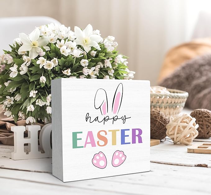 SRADMO Happy Easter Sign, Cute Bunny's Ear Easter Wood Box Sign Desk Decor, Easter Bunny Decorations, Easter Theme Wooden Block Box Sign Decoration for Home Office Shelf Table Decor-Ruum Studio Home