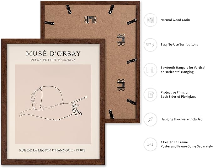 Poster Master Vintage Poster - Retro One Line Snail Drawing Print - Snail Line Art - Minimal Gift for Men, Women, Animal Lover - Abstract Wall Decor for Home, Office, 8x10 Brown Framed-Ruum Studio Home