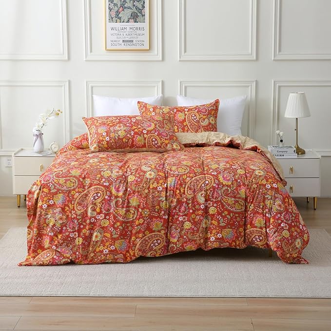 ABREEZE Paisley Bedding Sets 3Pcs Brushed Cotton Duvet Cover Set King Size Rustic Damask Red Floral Comforter Cover with Zipper Closure Boho Bedding Collections-Ruum Studio Home