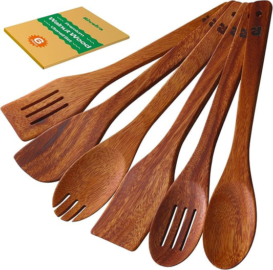 Riveira Walnut Wooden Spoons for Cooking Set of 6 – Natural Walnut Wooden Cooking Utensils, Spatula, Spoon - Premium Quality Utensil Set for Non-Toxic Cooking-Ruum Studio Home