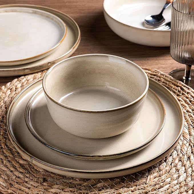 GBHOME Ceramic Dinnerware Sets for 6, 18 Pieces Stoneware Plates and Bowls Sets, Scratch Resistant Dishes, Dishwasher & Microwave Safe, Reactive Glaze-Cappuccino-Ruum Studio Home