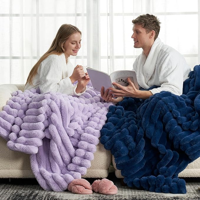 Cozy Bliss Faux Fur Throw Blanket for Couch, Cozy Warm Plush Striped Blanket for Sofa Bedroom Living Room, 60 * 80 Inches Lavender Purple-Ruum Studio Home
