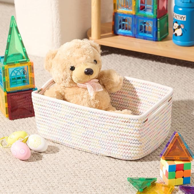 Small Storage Baskets for Organizing | Closet Organizer Bins | Shelf Toy Basket | Woven Rope Baskets | Cube Decorative Box | Shallow Basket | 13x8.5x5.1” | 3 Packs Rainbow-Ruum Studio Home