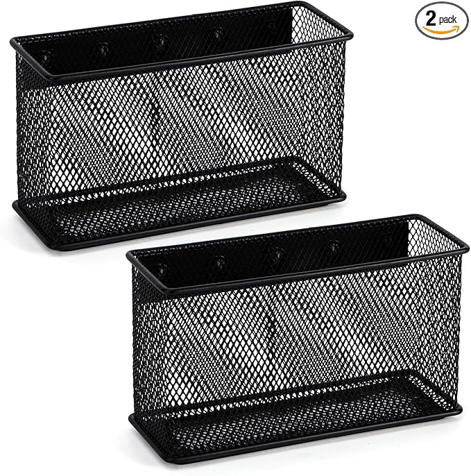 Wire Mesh Storage Baskets Organizer Set of 2 Black Magnetic Basket with 5 Strong Magnets Magnetic Organizer Holder for Refrigerator Locker Whiteboard Office, 6.29'' × 2.28'' × 3.54''-Ruum Studio Home