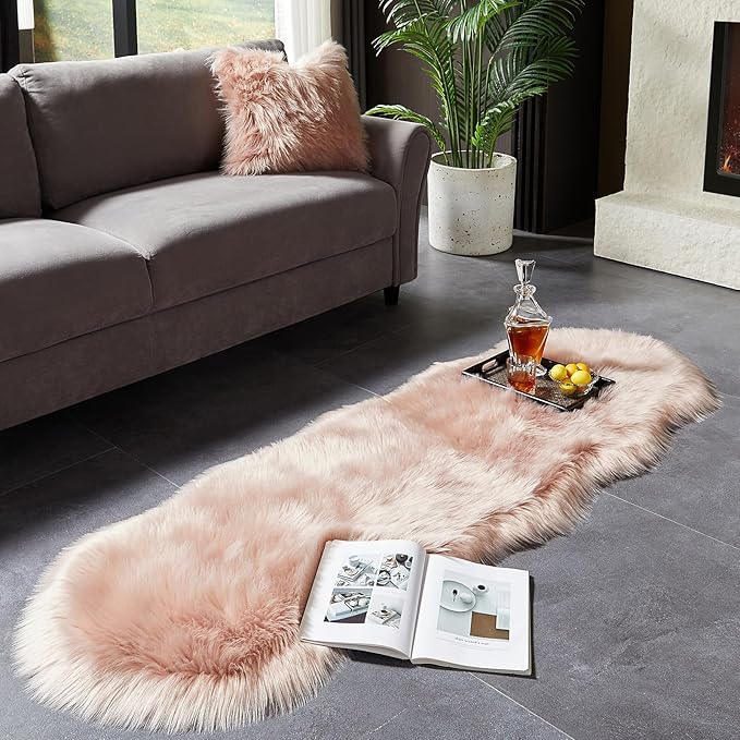 AMTOVO Faux Sheepskin Rug, Pink Ultra Soft Fluffy Shag Area Rug, 2 x 6 ft Faux Fur Rug for Bedroom Sofa Throw Cushion Room Decor, Sheepskin-Ruum Studio Home