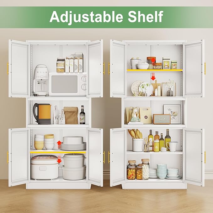 Tall Pantry Cabinet 67" H Metal Cabinet with 4 Doors, Bathroom Cabinets, 3 Adjustable Shelves for Kitchen, Home Office, Living Room, Dinning Room-Ruum Studio Home