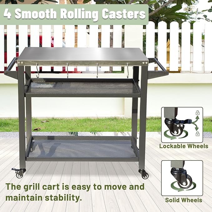 Domi 3-Shelf Outdoor Grill Table, Grill Cart with Wheels, Outdoor Pizza Oven and Food Prep Table, Blackstone with Stainless Steel Tabletop, BBQ Stand for Blackstone Griddle for Outside BBQ-Ruum Studio Home