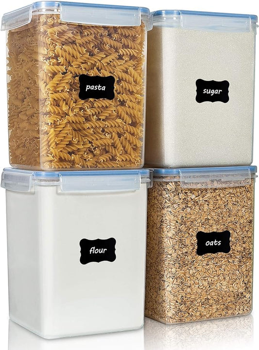Vtopmart Large Food Storage Containers 5.2L / 175oz, 4 Pieces BPA Free Plastic Airtight Canisters for Flour, Sugar, Baking Supplies, Rice with Lids, 4 Measuring Cups and 24 Labels, Blue-Ruum Studio Home